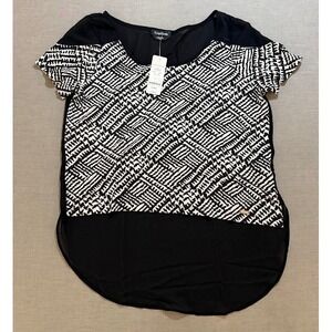 Bebe Black White Geometric Print Sheer Sleeve‎ High Low Top Women's Size M